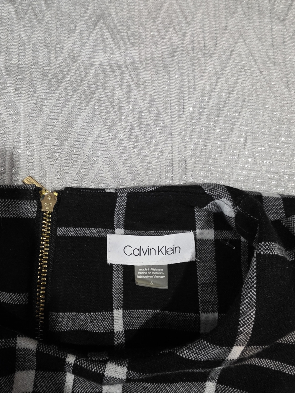Calvin Klein Black and White Plaid Pencil Skirt with Gold Zip Pull